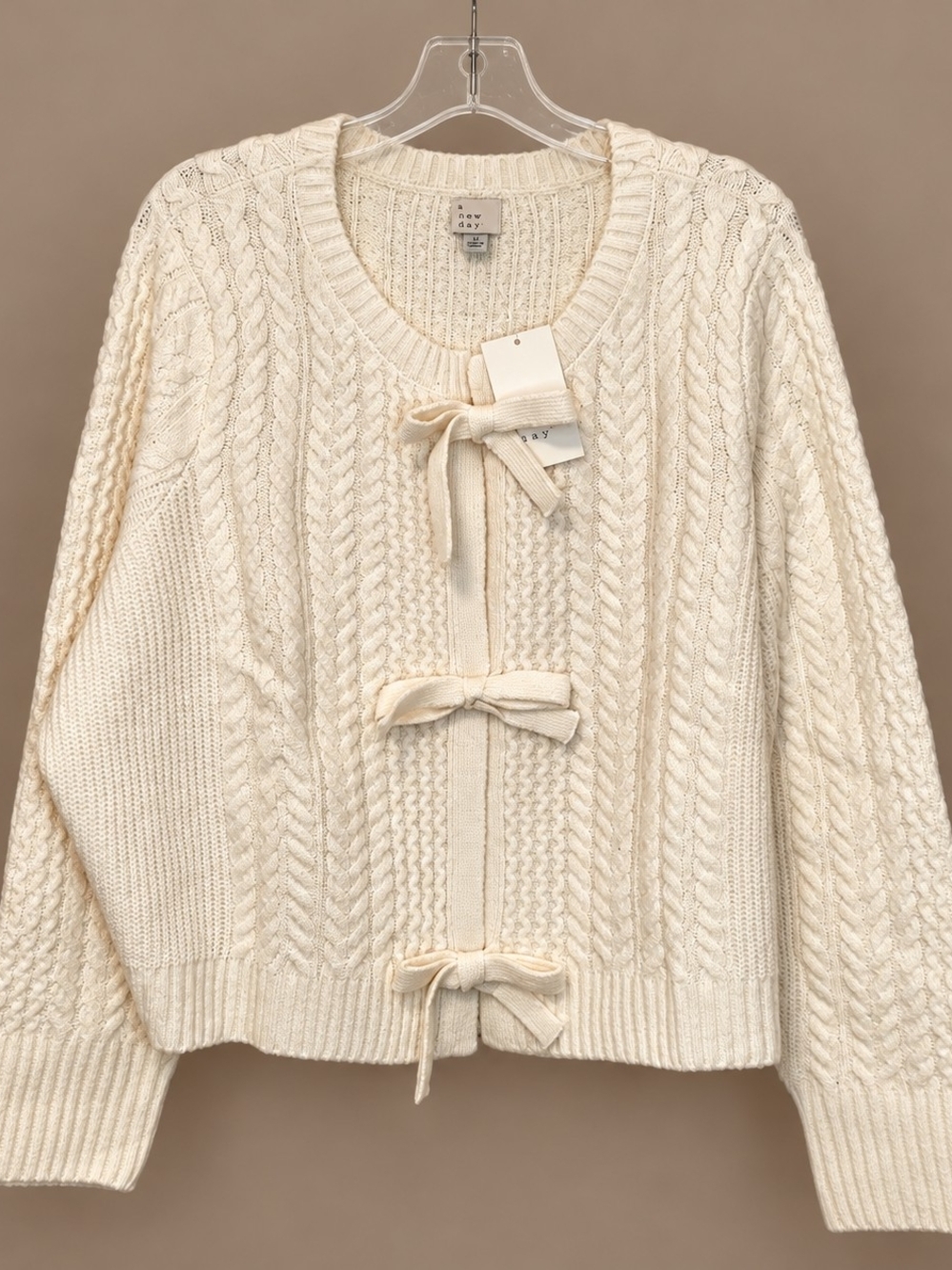 a new day Women's Long Sleeve Bow Cardigan Sweater Cream 2X